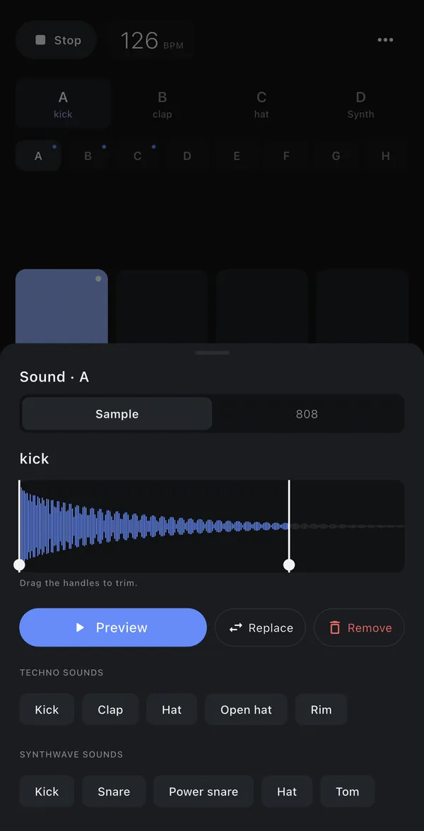 Sample editor with waveform and trim handles