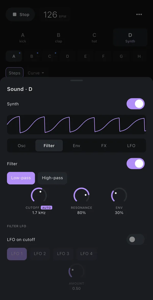 Synth panel with waveform display, low-pass filter, cutoff, resonance and envelope knobs